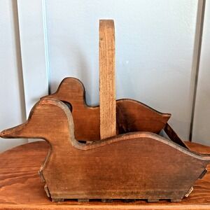 Vintage Wooden Mallard Duck Basket Planter Farmhouse Primitive Carrier Tote 90's